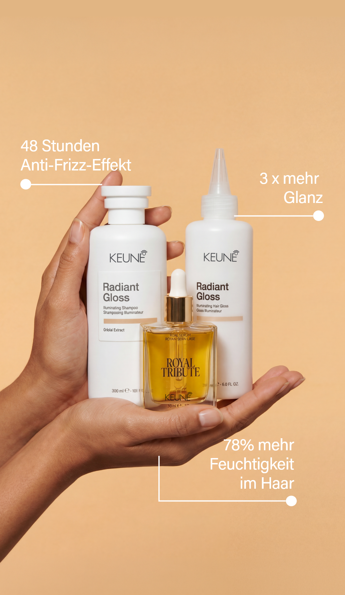 Wie behandelst Du stumpfes Haar? Probiere die Radiant Gloss Maske für glänzendes Haar. Sie reduziert Frizz, verbessert den Glanz 3x – perfekte Keune Haarpflege. 