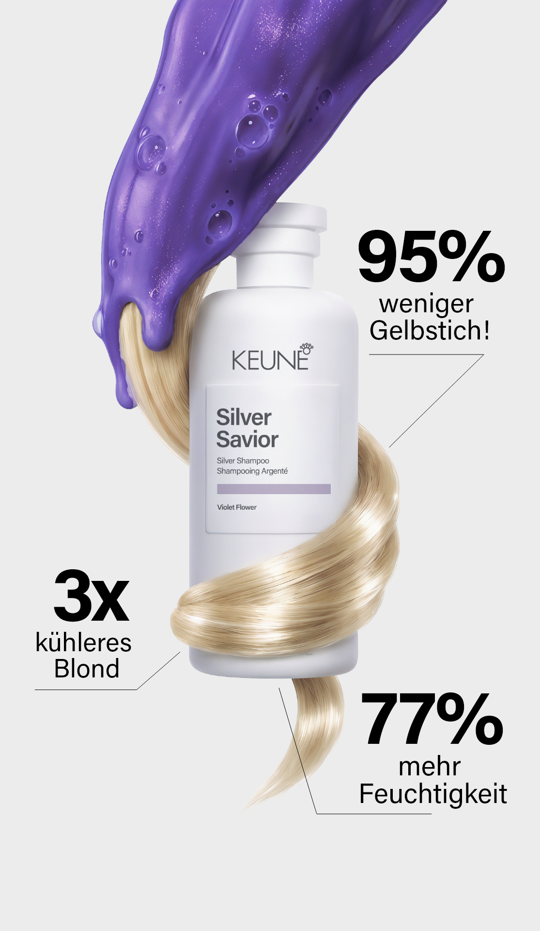 Silver Blonde Set für kühles Blond | Neutralisiert Gelbstich in nur 3 Minuten.  Jetzt auf keune.ch shoppen.