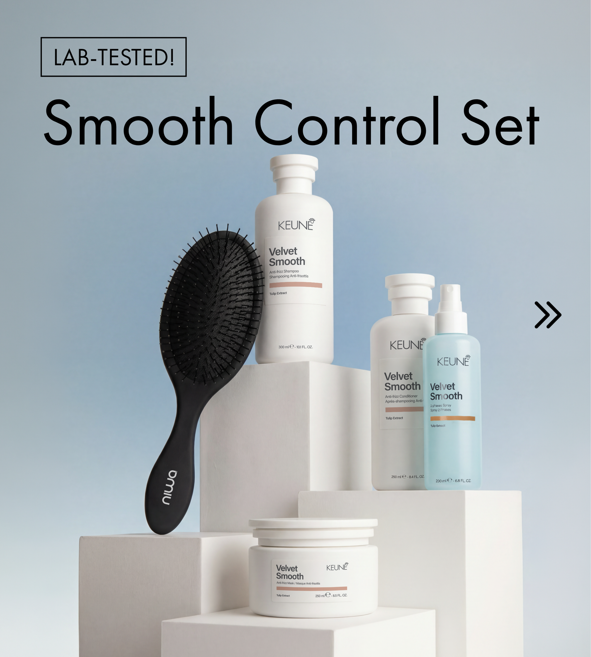 Keune Smooth Control Set with detangler brush for smooth, silky hair.